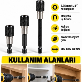 3 Parça Kilitli Manyetik Bits Uç Uzatma Seti – 60 / 100 / 150 mm