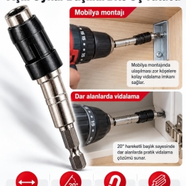 Açılı Oynar Başlıklı Manyetik Bits Uç Tutucu – 1/4″ × 90 mm