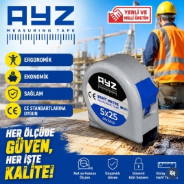 Şerit Çelik Metre 5m x25mm – Gri